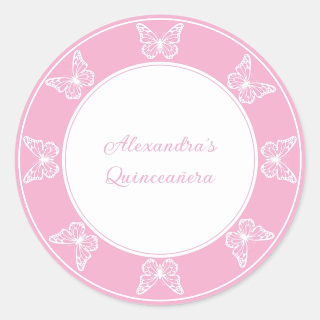 Elegant Pink Quinceañera - Butterfly Classy Classic Round Sticker (Front)