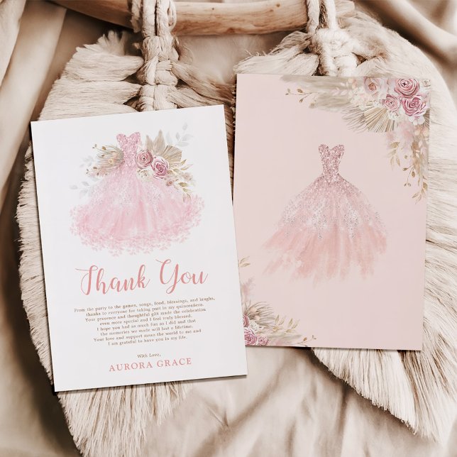 Elegant Pink Quinceañera Dress Mis Quince Thank You Card (Creator Uploaded)