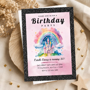Elegant Pink Rainbow Princess Castle 30th Birthday Invitation