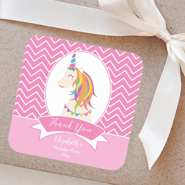 Elegant Pink Rainbow Unicorn Birthday Thank You Square Sticker (Creator Uploaded)