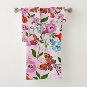 Elegant Pink Red Blue Flowers And Butterfly Bath Towel Set