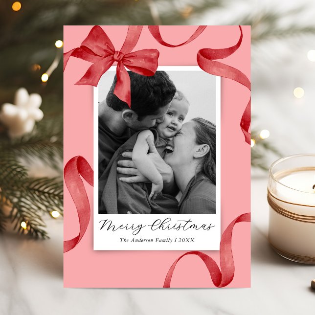 Elegant Pink Red Bow Photo Christmas Holiday Card (Creator Uploaded)