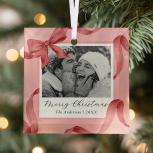 Elegant Pink Red Bow Photo Holiday Glass Tree Decoration