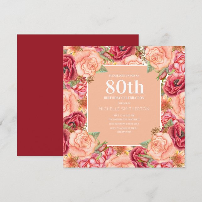 Elegant Pink Red Floral 80th Birthday Party Women Invitation (Front/Back)