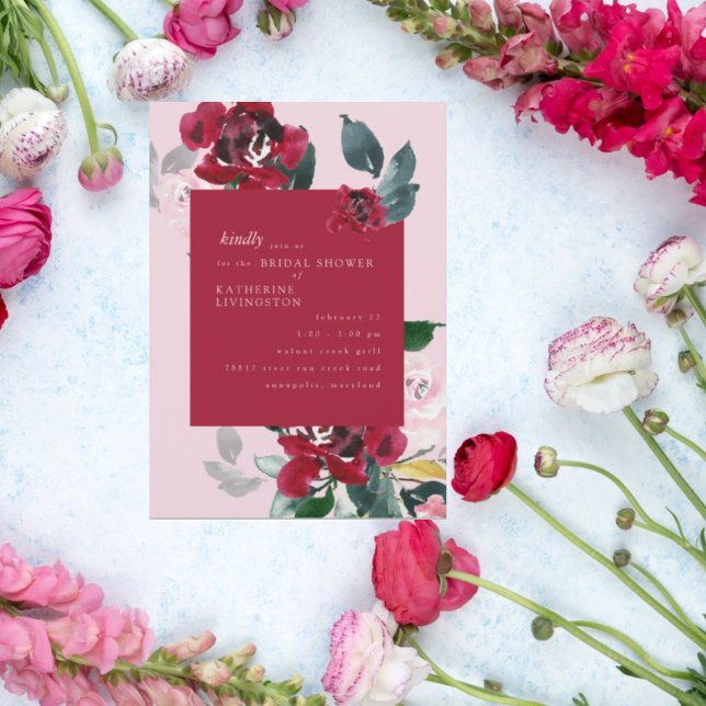 Elegant Pink & Red Floral Bridal Shower Invitation (Creator Uploaded)