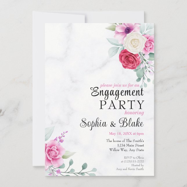 Elegant Pink & Red Floral Marble Engagement Party Invitation (Front)