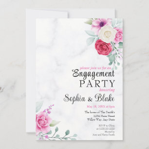 Elegant Pink & Red Floral Marble Engagement Party Invitation