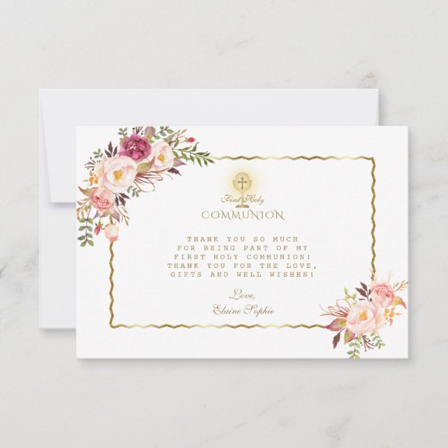 Elegant Pink Red Flowers Gold First Holy Communion Thank You Card (Front)