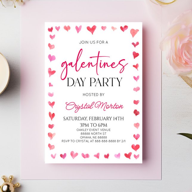 Elegant Pink Red Hearts Galentines Day Party Invitation (Creator Uploaded)