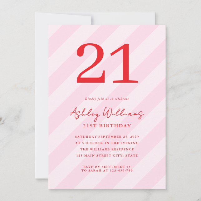 Elegant Pink Red Modern 21st Birthday Invitation (Front)