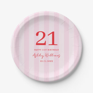 Elegant Pink Red Modern 21st Birthday Paper Plate