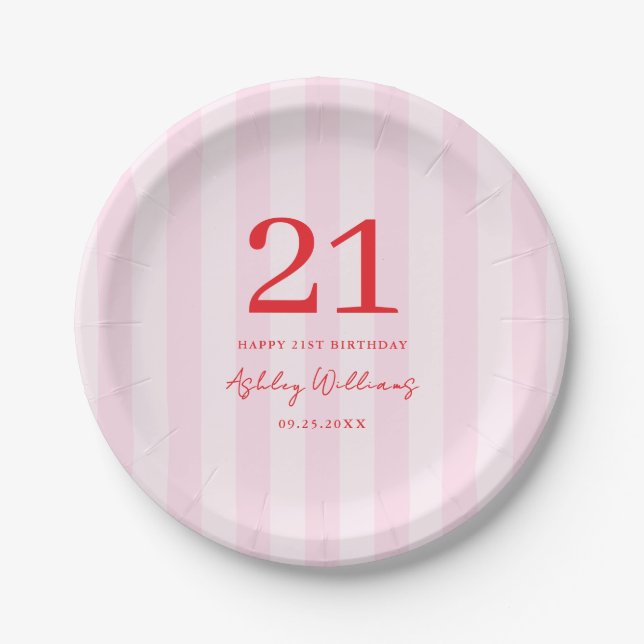 Elegant Pink Red Modern 21st Birthday Paper Plate (Front)