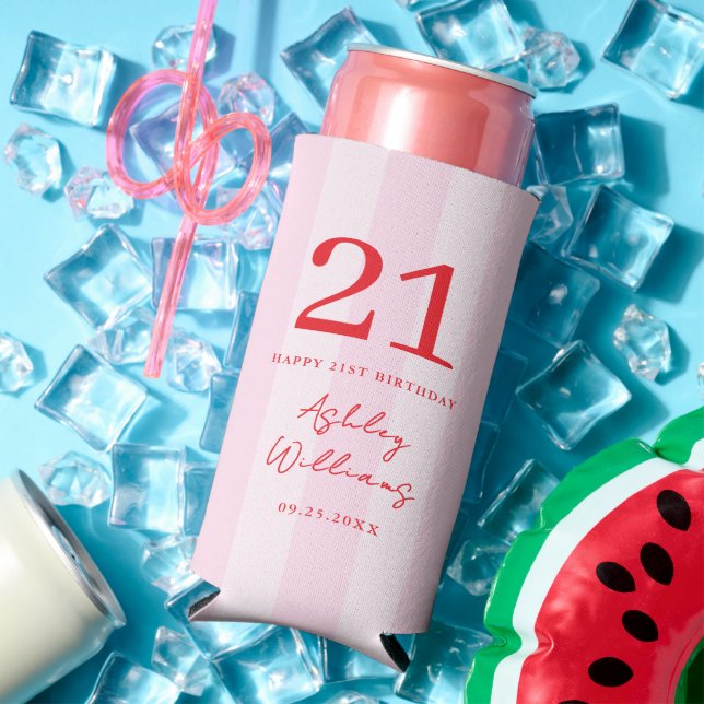 Elegant Pink Red Modern 21st Birthday Seltzer Can Cooler (In Situ Summer)