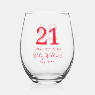 Elegant Pink Red Modern 21st Birthday Stemless Wine Glass