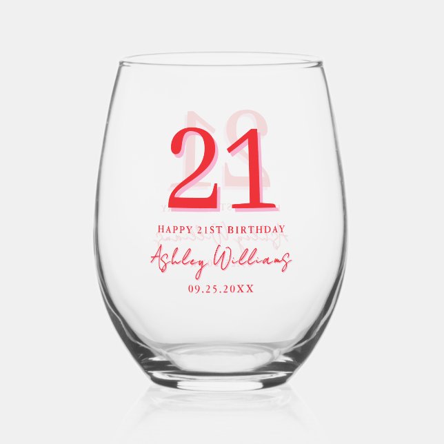 Elegant Pink Red Modern 21st Birthday Stemless Wine Glass (Front)