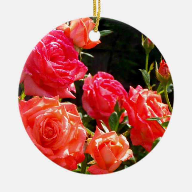 Elegant pink red orange floral roses ceramic tree decoration (Front)