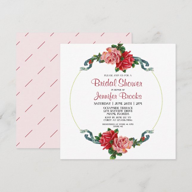 Elegant Pink & Red Rose Floral Bridal Shower Invitation (Front/Back)