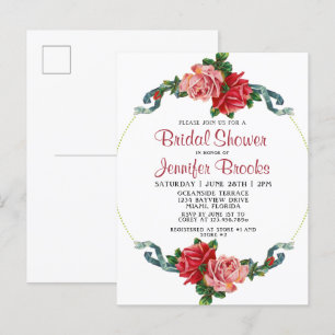 Elegant Pink & Red Rose Floral Bridal Shower Invitation Postcard