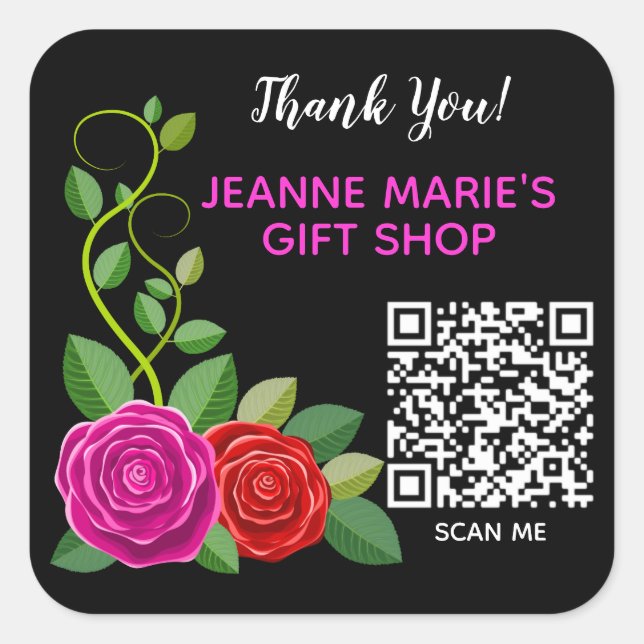 Elegant Pink & Red Rose Flower Thank You QR Code Square Sticker (Front)