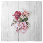 Elegant Pink & Red Roses on Whitewashed Wood Tile<br><div class="desc">Simple and elegant spray of vintage pink, red and blush roses, foliage and asparagus ferns on subtle rustic whitewashed wood background. Room for your name or monogram.</div>
