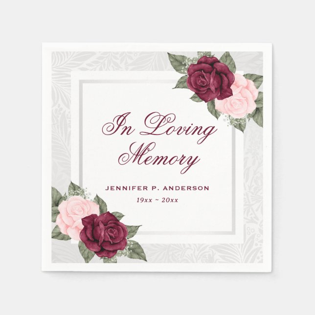 Elegant Pink Red Silver Floral Memorial Funeral Napkin (Front)
