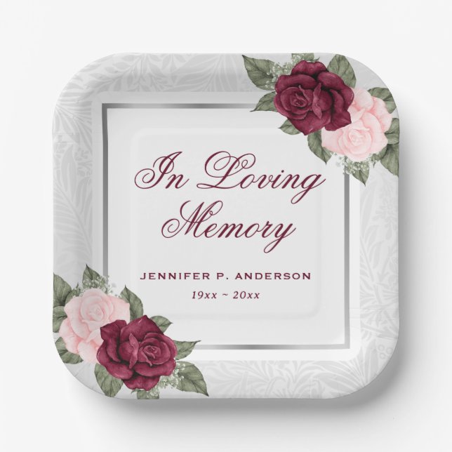 Elegant Pink Red Silver Floral Memorial Funeral Paper Plate (Front)