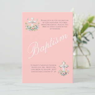 Elegant Pink Religious Baby Girl Baptism Invitation