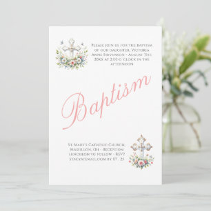 Elegant Pink Religious Baby Girl Baptism Invitation