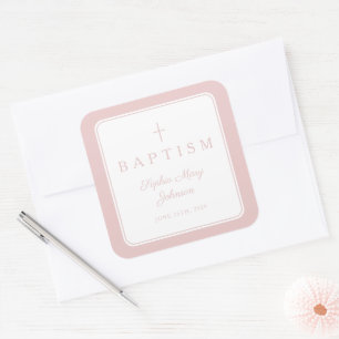 Elegant Pink Religious Cross Boy Baptism  Square Sticker