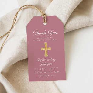 Elegant Pink Religious Cross First Communion  Gift Tags