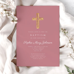 Elegant Pink Religious Cross Girl Baptism Invitation