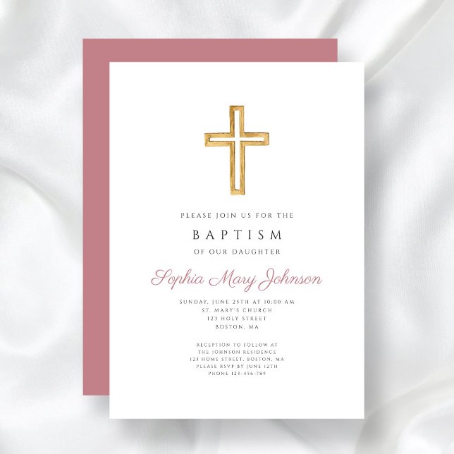 Elegant Pink Religious Cross Girl Baptism Invitation (Religious Cross Dusty Rose Pink Girl Baptism Invitation)