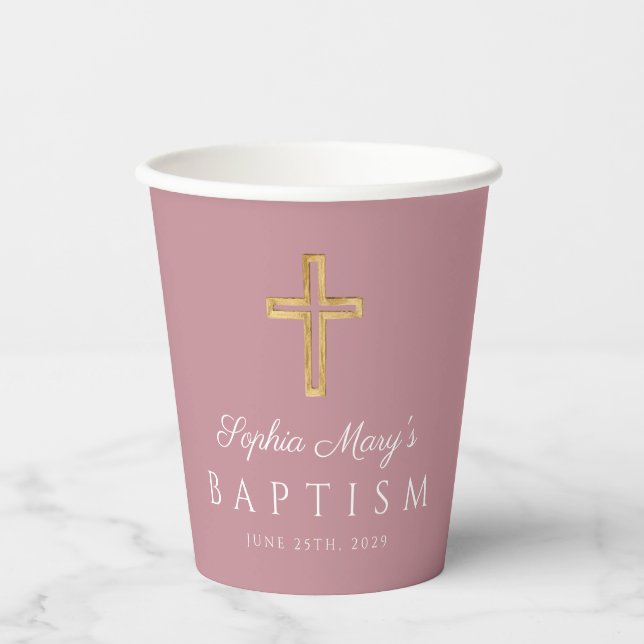 Elegant pink Religious Cross Girl Baptism Paper Cups (Front)