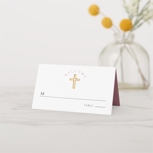 Elegant Pink Religious Cross Girl Baptism Place Card (Front)