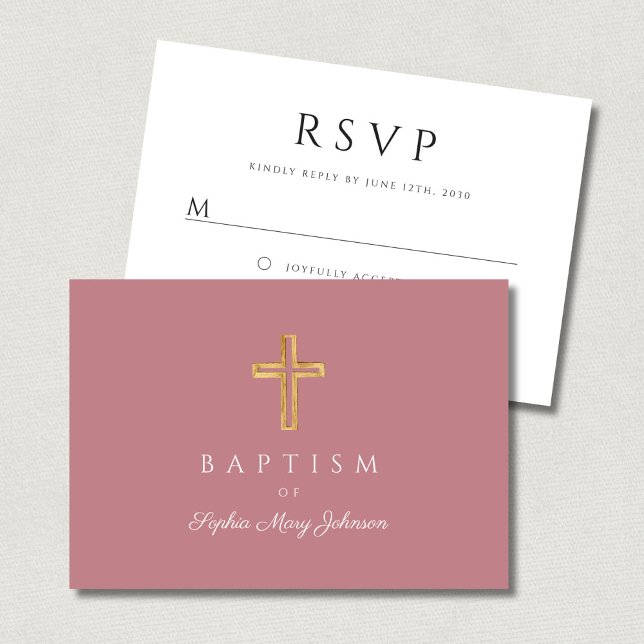 Elegant Pink Religious Cross Girl Baptism  RSVP Card (Elegant Pink Religious Cross Girl Baptism RSVP Card)
