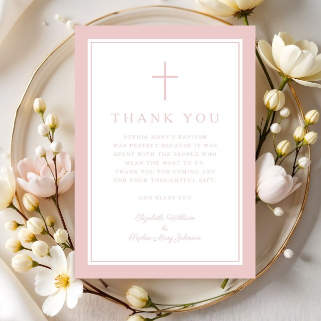 Elegant Pink Religious Cross Girl Baptism Thank You Card (Elegant Pink Religious Cross Girl Baptism Thank You Card)