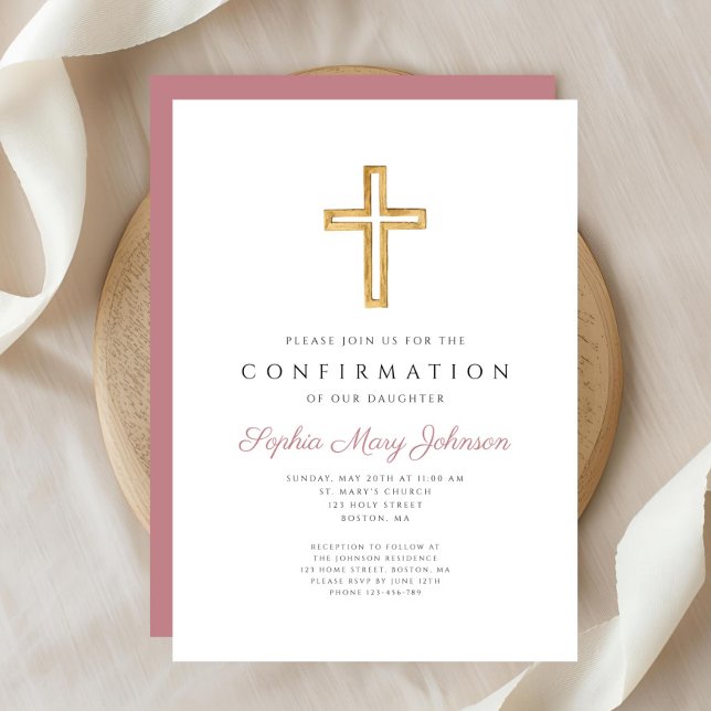Elegant Pink Religious Cross Girl Confirmation Invitation (Elegant Pink Religious Cross Girl Confirmation Invitation)