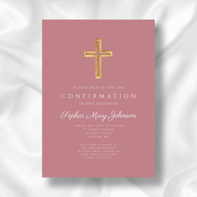 Elegant Pink Religious Cross Girl Confirmation Invitation (Elegant Pink Religious Cross Girl Confirmation Invitation)