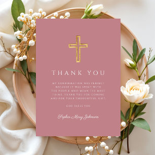 Elegant Pink Religious Cross Girl Confirmation Thank You Card