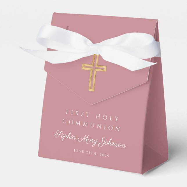 Elegant Pink Religious Cross Girl First Communion Favour Box (Front Side)