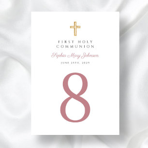 Elegant Pink Religious Cross Girl First Communion Table Number
