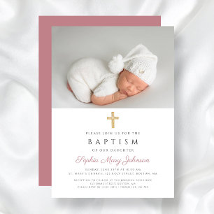 Elegant Pink Religious Cross Girl Photo Baptism Invitation