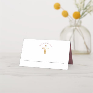 Elegant Pink Religious Girl First Communion  Place Card