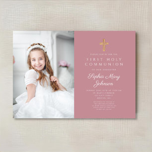 Elegant Pink Religious Girl Photo First Communion Invitation