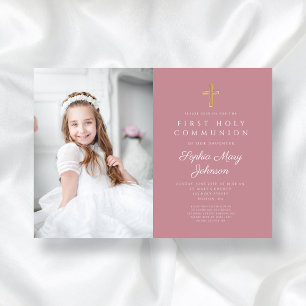 Elegant Pink Religious Girl Photo First Communion Invitation