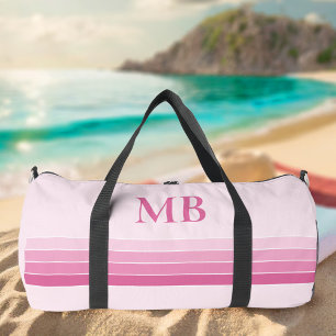 Elegant Pink Retro Stripes Monogram Duffle Bag
