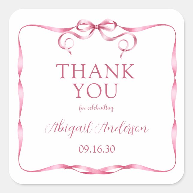 Elegant Pink Ribbon Baby Shower Thank You Square Sticker (Front)
