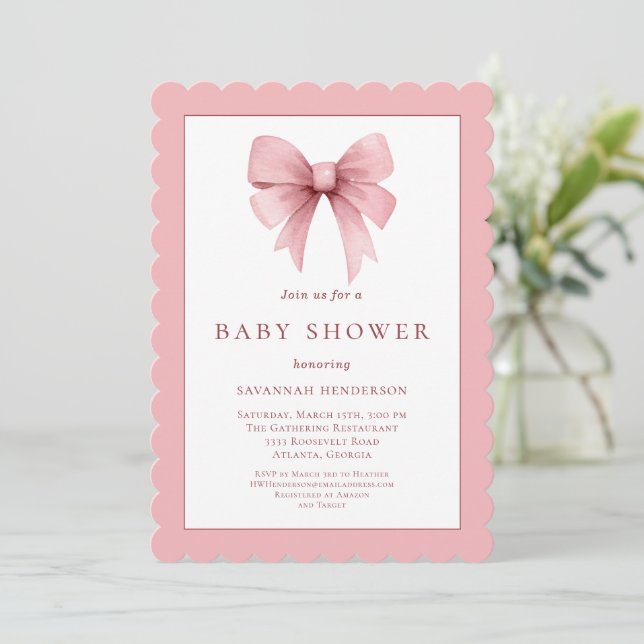 Elegant Pink Ribbon Bow Baby Shower Invitation (Standing Front)