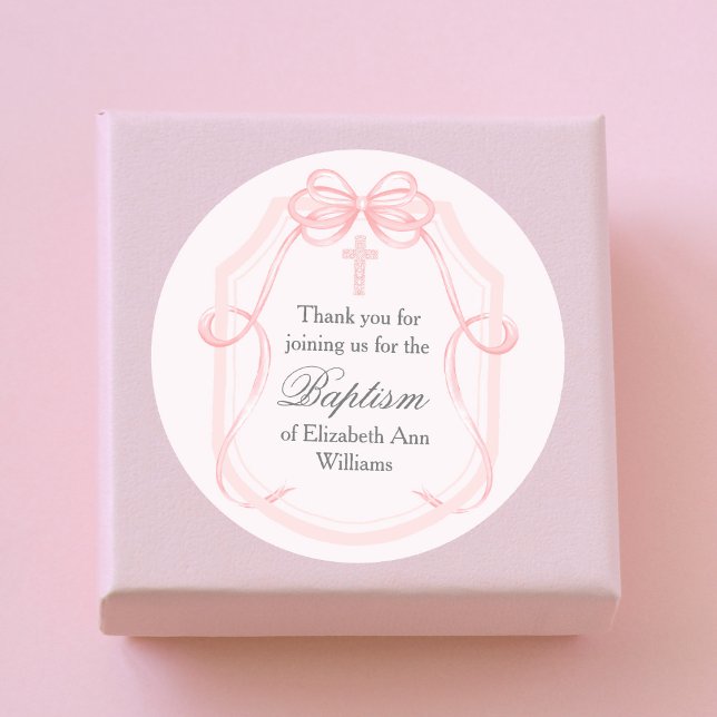 Elegant Pink Ribbon Bow Baptism Party Classic Round Sticker (Creator Uploaded)