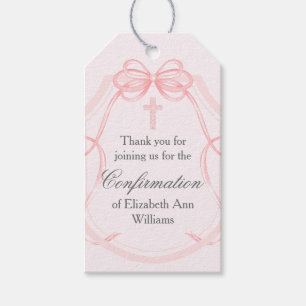 Elegant Pink Ribbon Bow Confirmation Custom Gift Tags